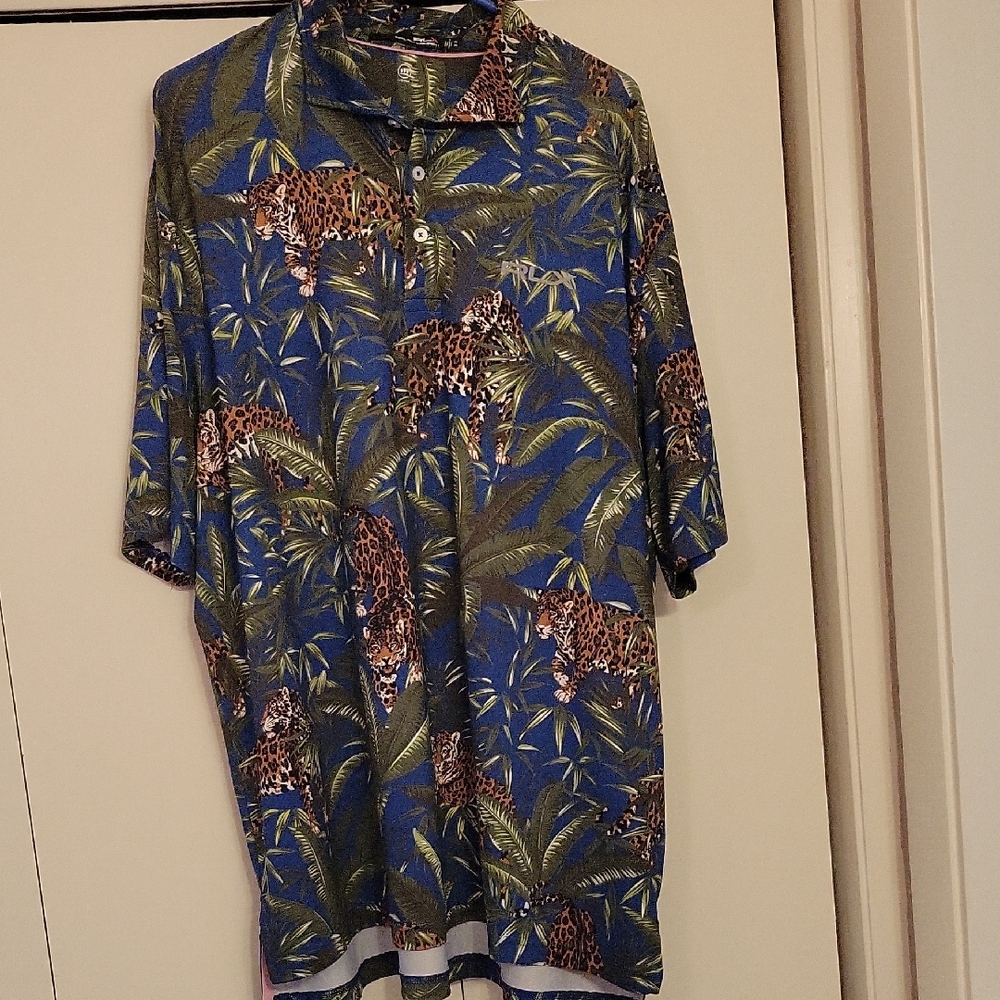 RLX Ralph Lauren Blue Tropical Leopard Print Polo
